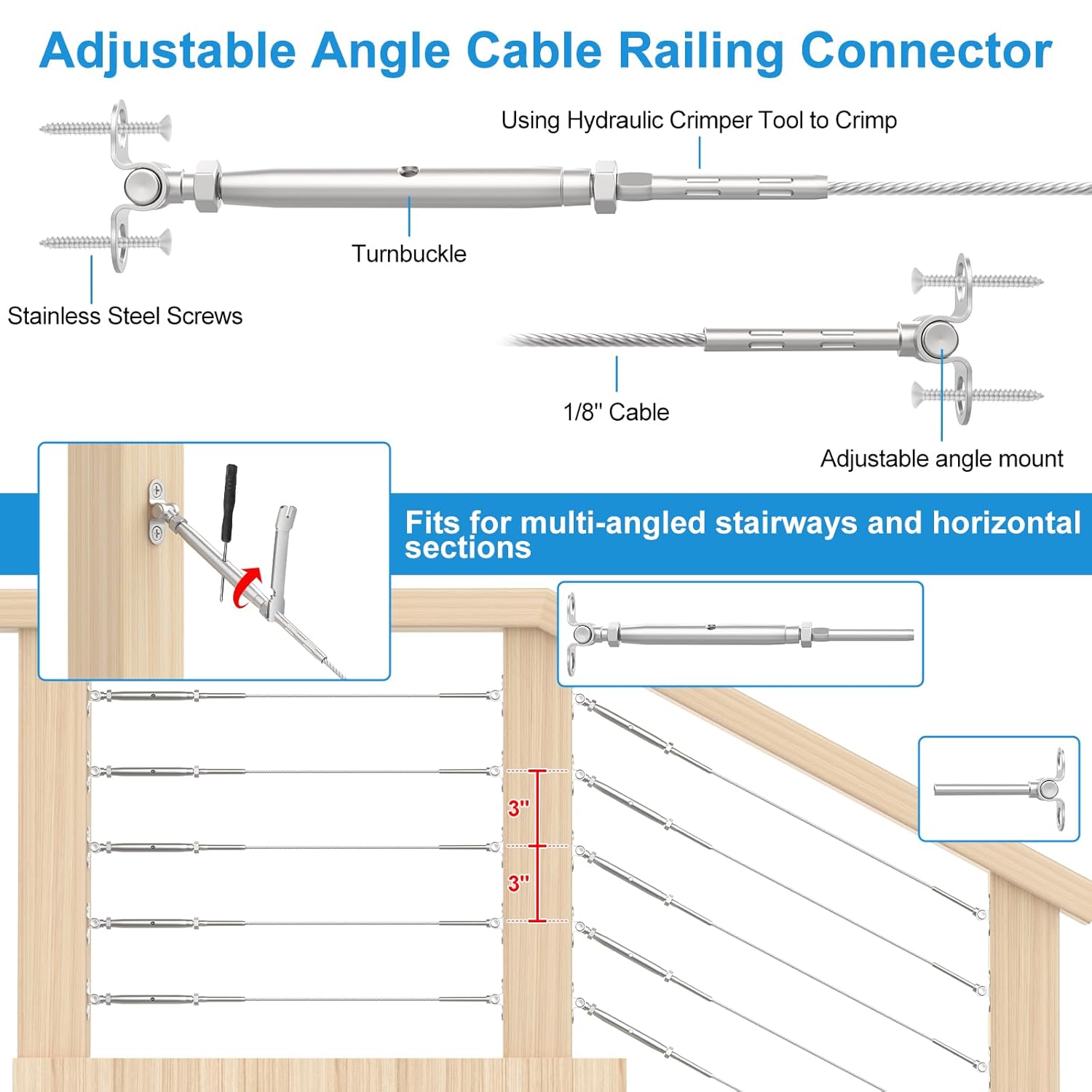 50 Pair 1/8" Adjustable Angle Stair Cable Railing Kits, Swage Toggle Turnbuckle Hardware for 2"x2", 4"x4" Wood Posts, Stainless Steel Wire Railing Kits, Deck Stair Railing System, RGW01