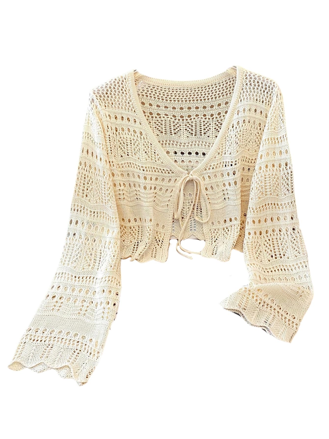 Floerns Womens Hollow Out Crochet Knit Lace Lightweight Cardigan Blouse Sweater V Neck Tie Knot Flare Sleeve Cover