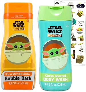 Baby Yoda Bathroom Set for Kids, Toddlers - 5 Pc Bundle with Baby Yoda Body Wash, Bubble Bath, Plus Stickers, More | Star Wars Bath Supplies