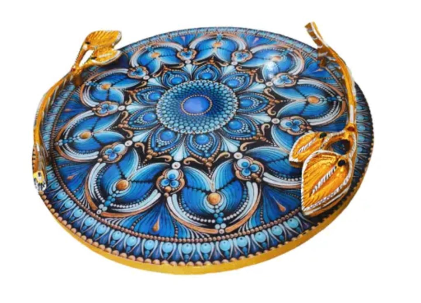Plateau de service rond bleu mandala, l'idée cadeau idéale pour une crémaillère