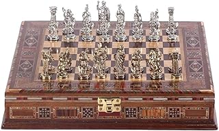 GiftHome Metal Roma Satranç Takımı Küçük Boy Parlak ve El Yapımı Masif Ahşap Sandıklı Satranç Tahtası