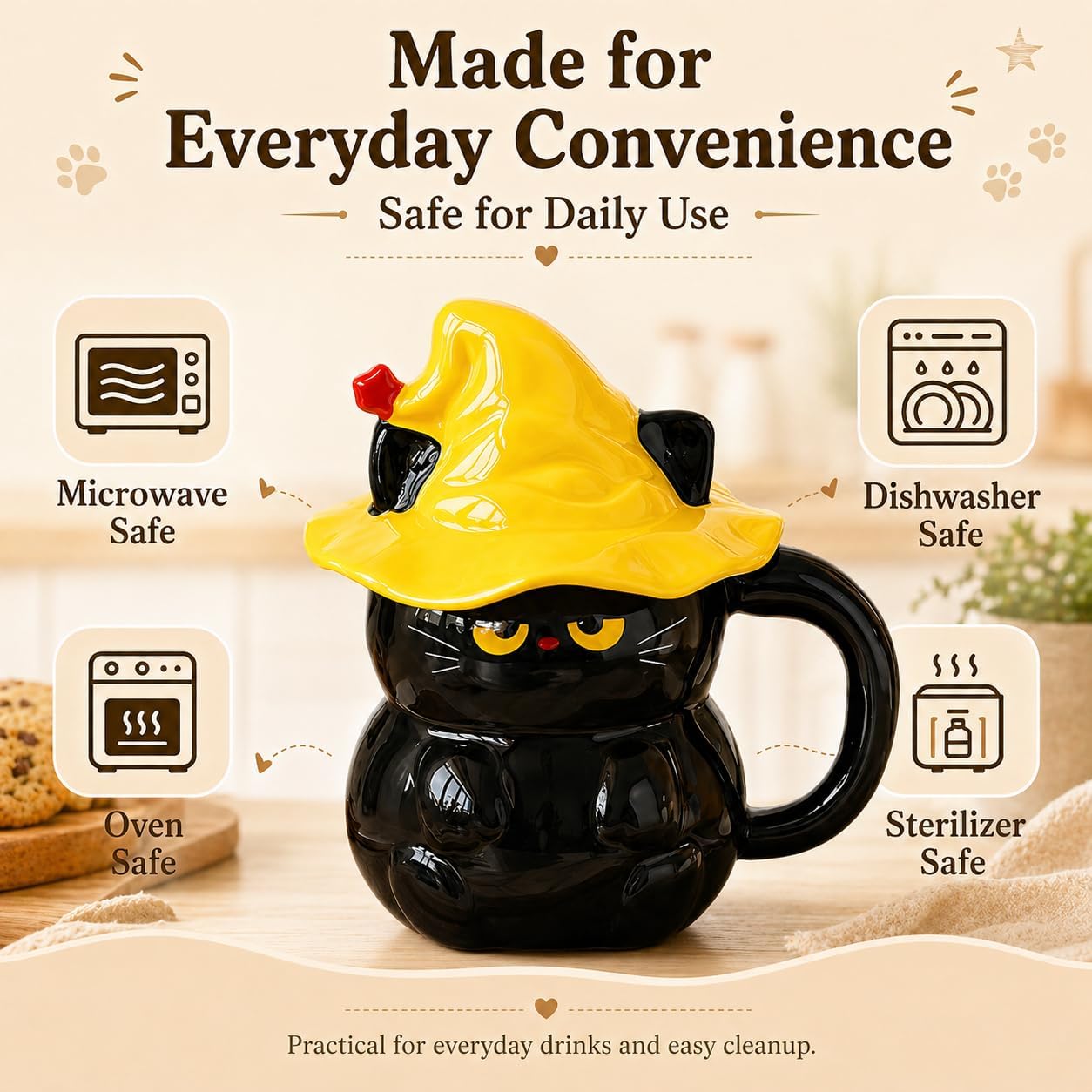 Black Cat Mug with Witch Hat Lid, 15oz(450ml) Microwave Safe Cute Coffee Mugs, Cat Coffee Mug for Cat Lovers, Novelty Funny Cat Mugs Coffee Cup with Cats image 5