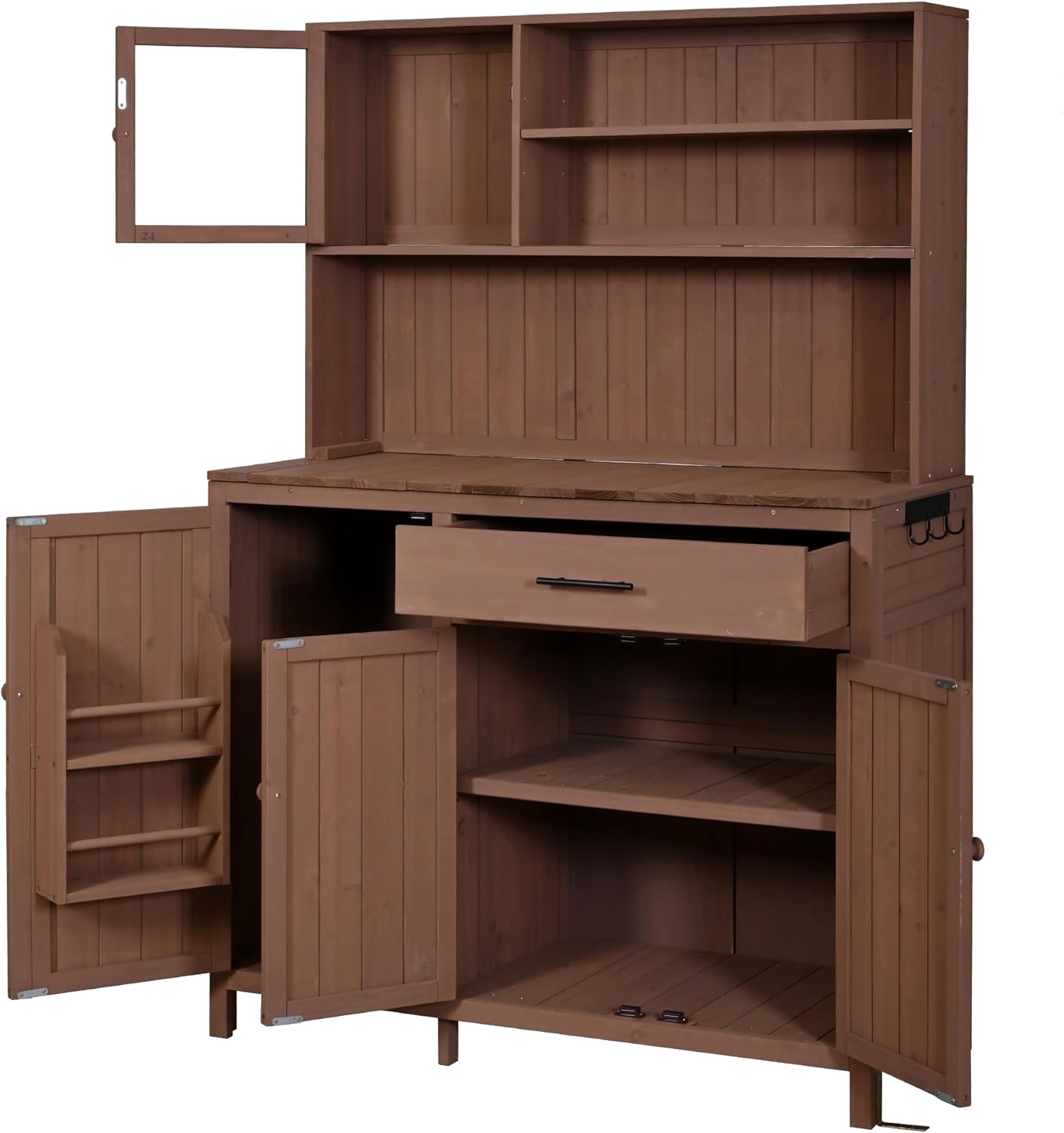 Farmhouse Outdoor Potting Bench Table, Garden Workstation with Large Countertop and Cabinet Door Organzier, Outdoor Patio Kitchen Island with Adjustable Shelves and Spice Rack for Backyard, Brown