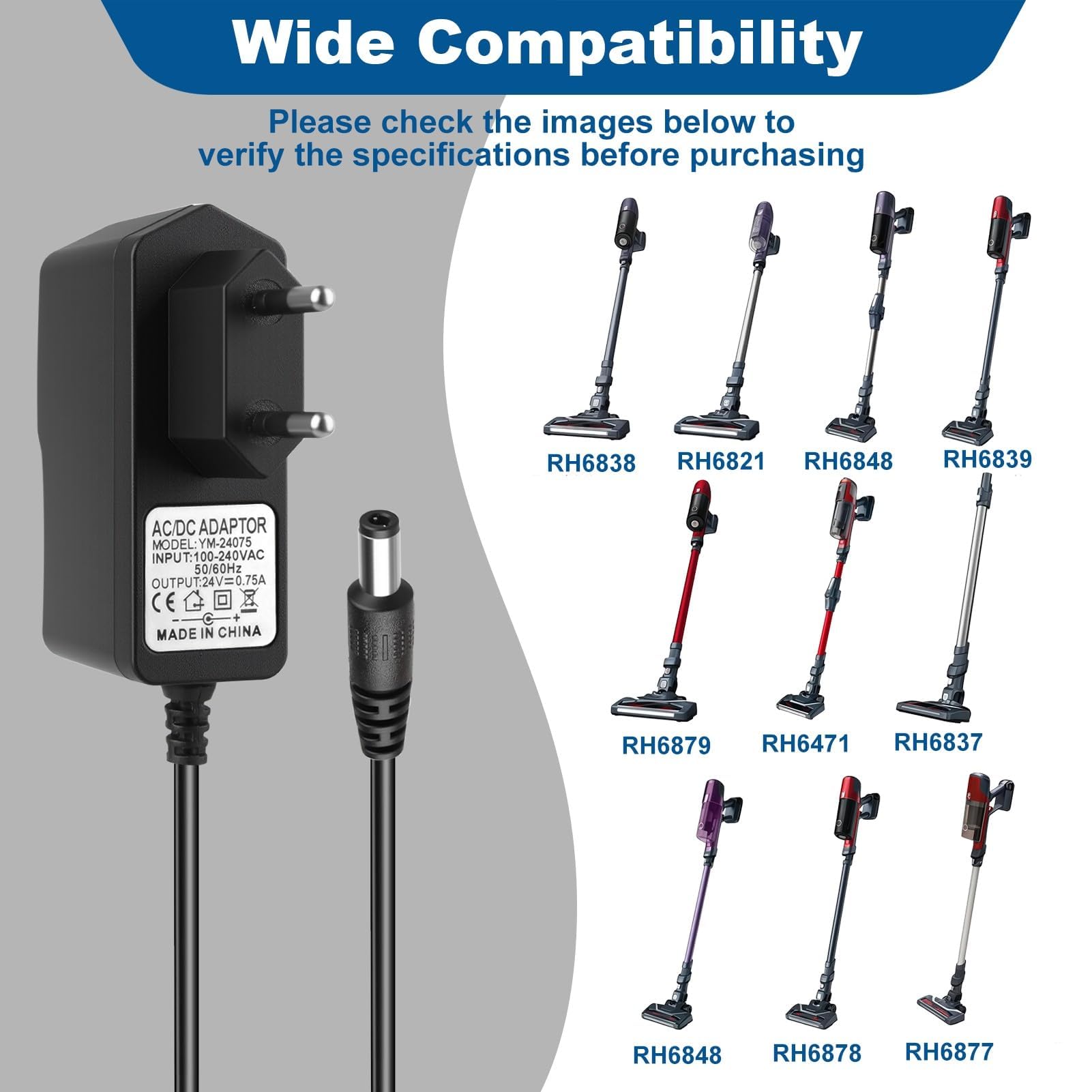 Alimentatore di rete da 24 V per aspirapolvere Rowenta X‑Pert 6.60, compatibile con RH6821, RH6837, RH6838, RH6877, RH6878, RH6879, TY6837, TY6838, TY6878, EO6838, cavo da 1,2 m
