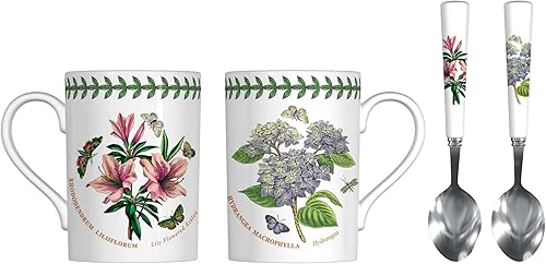Portmeirion Botanic Garden - Juego de taza y cucharadita Motivos florales de azalea y hortensia Juego de taza y cuchara de 4 piezas Tazas de 11
