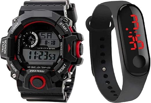 SELLORIA Digital Mens & Womens Watch Band & Watch (Pack of 2) ( Black Dial Black Strap )