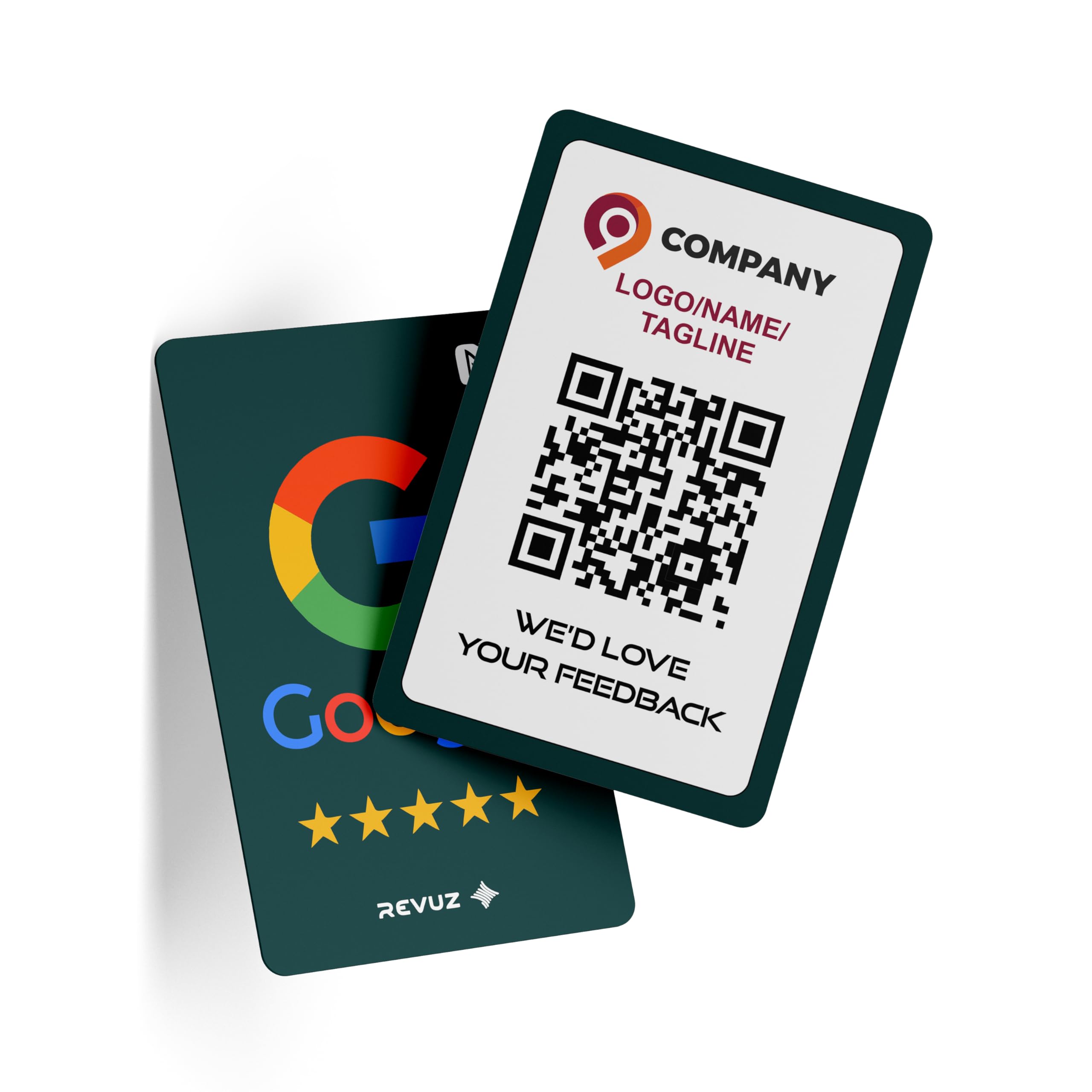 REVUZ Customized Google Review Card and Wood stand with QR Code and NFC Chip | Tap or Scan | Zero Hassle Self Setup (86x54mm) | Personlize with Your Business Name and Logo | Instant Business Reviews
