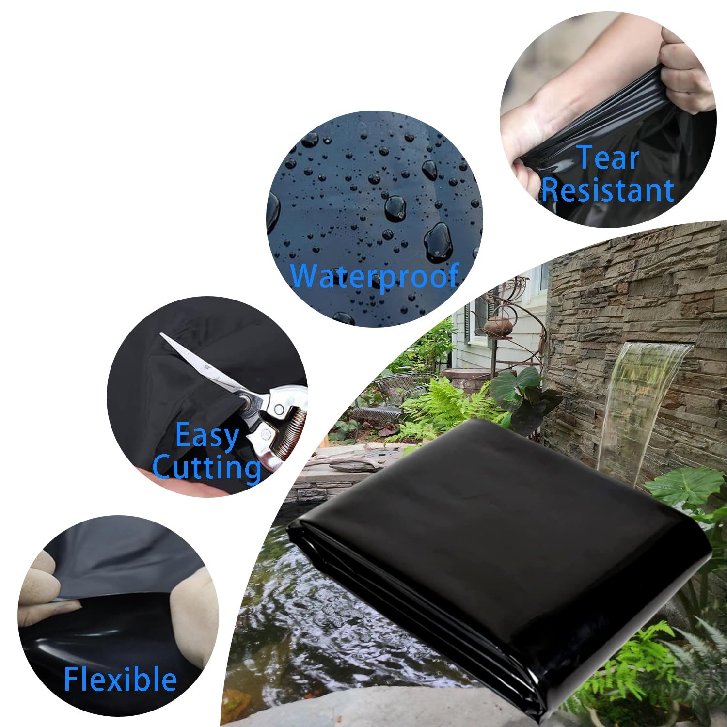 Questo Telo per laghetto da 6 Mil, Facile da Tagliare, Flessibile, è Ideale per Giardini Acquatici e laghetti (da 3x3 Metri a 12,9x15 Metri). È Un Telo Resistente e Durevole.