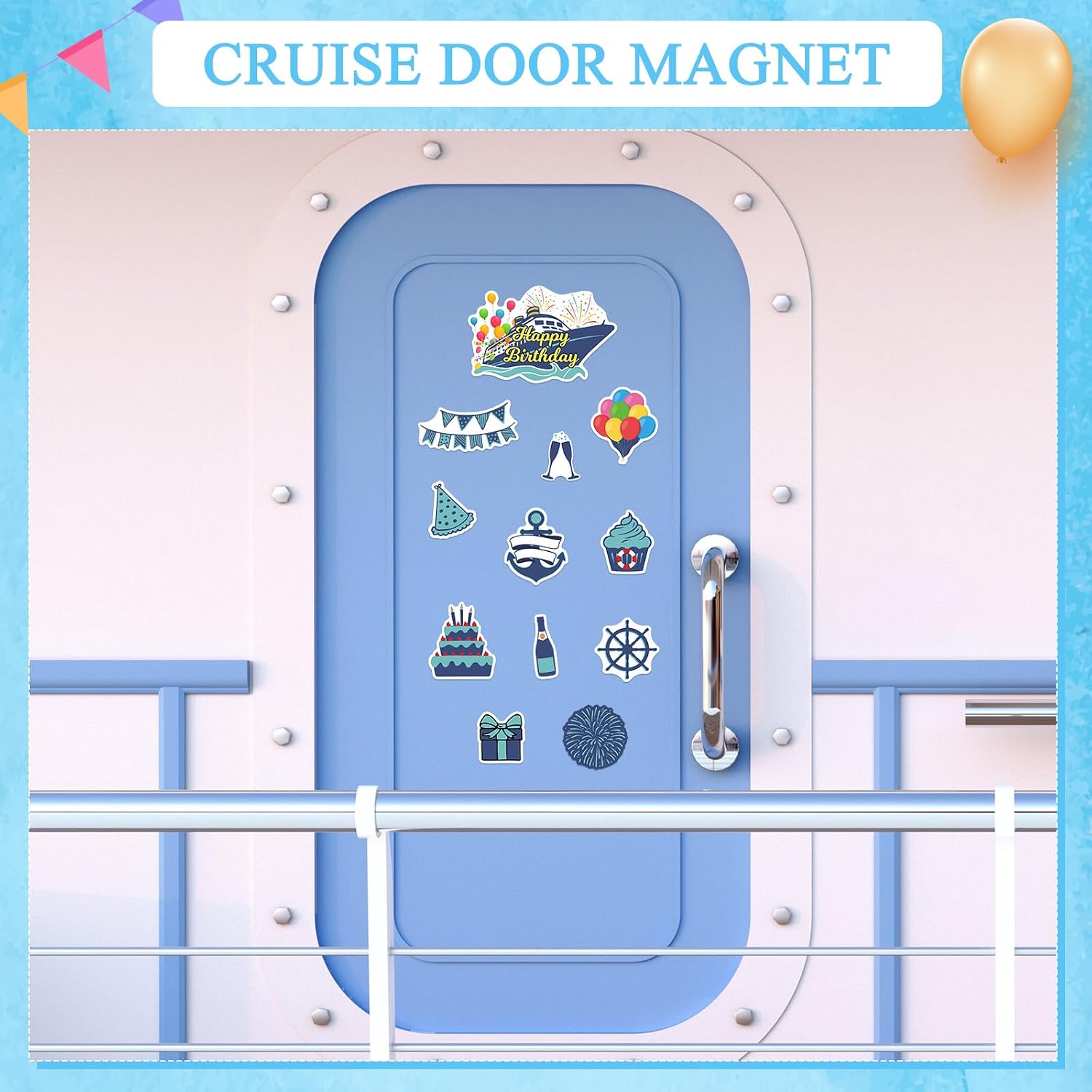 LEIFIDE 12 Pcs Birthday Cruise Door Magnets Decorations Funny Stateroom Happy Birthday Magnets Cruise Ship Door Decorations Magnetic Reusable for Ship Carnival Fridge Car (Blue)