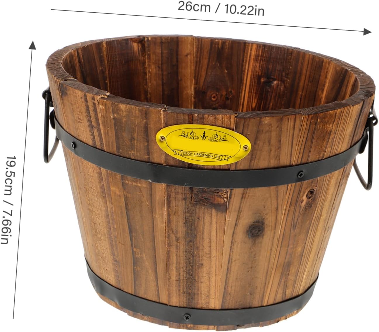 DOITOOL Wooden Barrel Planter 10.2 Inch Round Whiskey Barrel Flower Pot Rustic Wooden Flower Bucket with Handle for Indoor Outdoor Garden Balcony