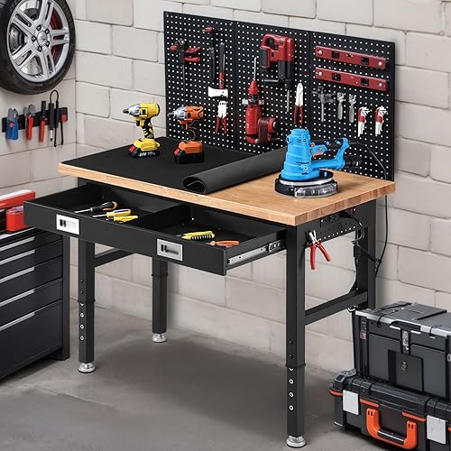 Miniatura 8 de Banco de trabajo con almacenamiento ajustable, bancos de trabajo con cajón para garaje, banco de trabajo de madera de goma de 48 pulgadas con