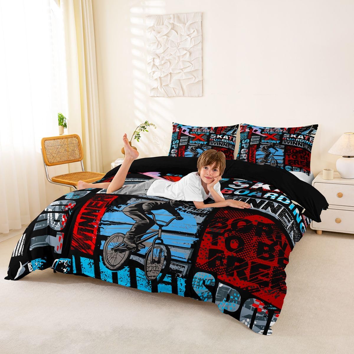 Boys Bmx Comforter Cover Extreme Sports Games Bedding Sets Dirt Bike Duvet Cover Set For Kids Teen Young Bicycle Racer Vehicle Gaming Bedspreads Cover With 1 Pillow Case Twin Size Teal Red