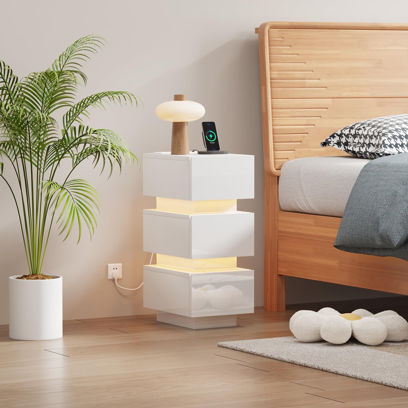 Pantanal 25CM Slim Bedside Table Cabinet with Led Light Charging Station, 3 Drawers Narrow Small Side Table End Table Nightstand with USB Ports & Power Sockets for Bedroom Living Room โ image 1