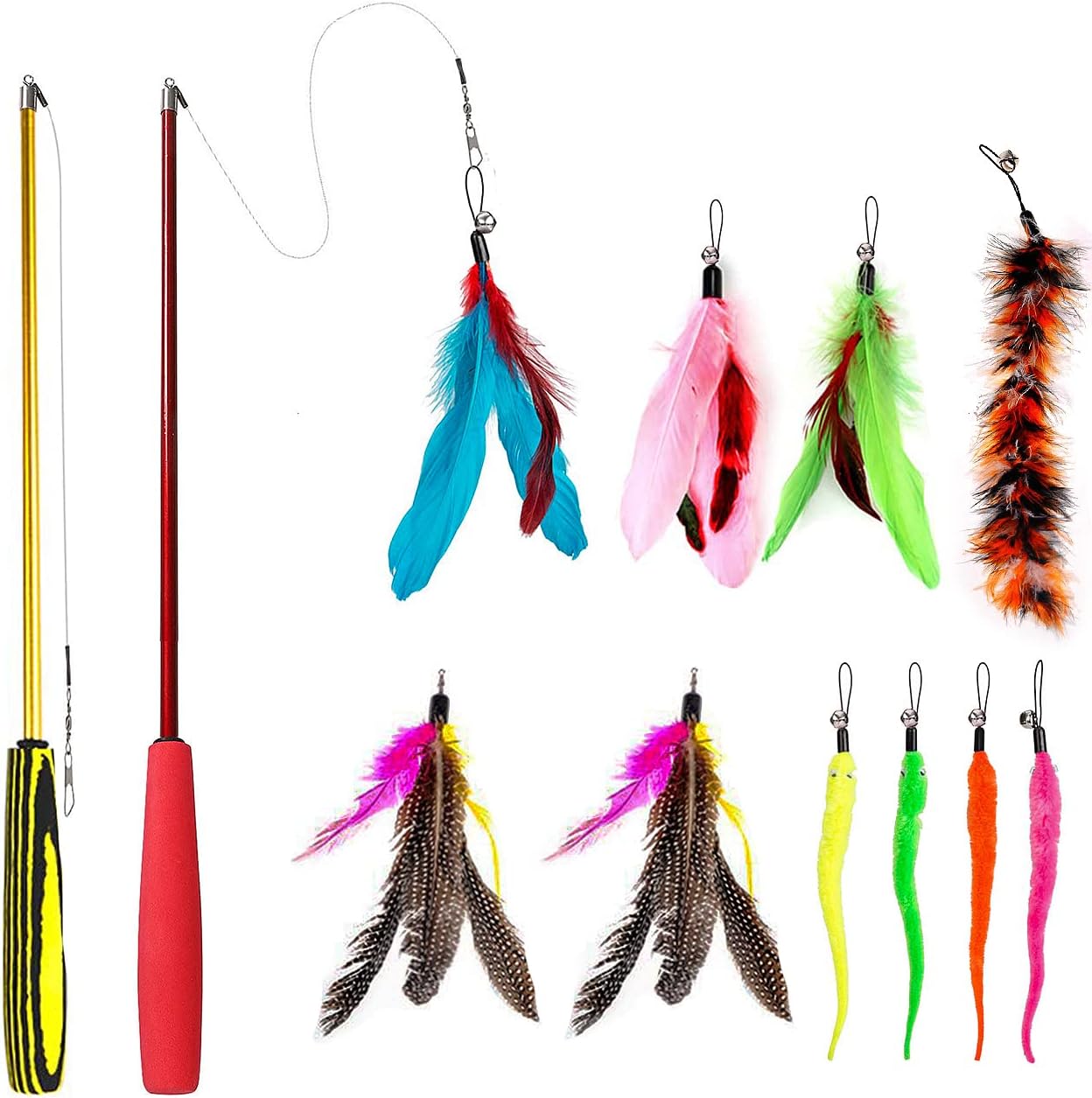 Feather Teaser Cat Toy - 2 Pcs Retractable Cat Toys Wand and 10 Replacement Refills Assorted Feathers Birds Worms Catcher with Bell, Interactive Teaser and Funny Exercise for Kitten Cats