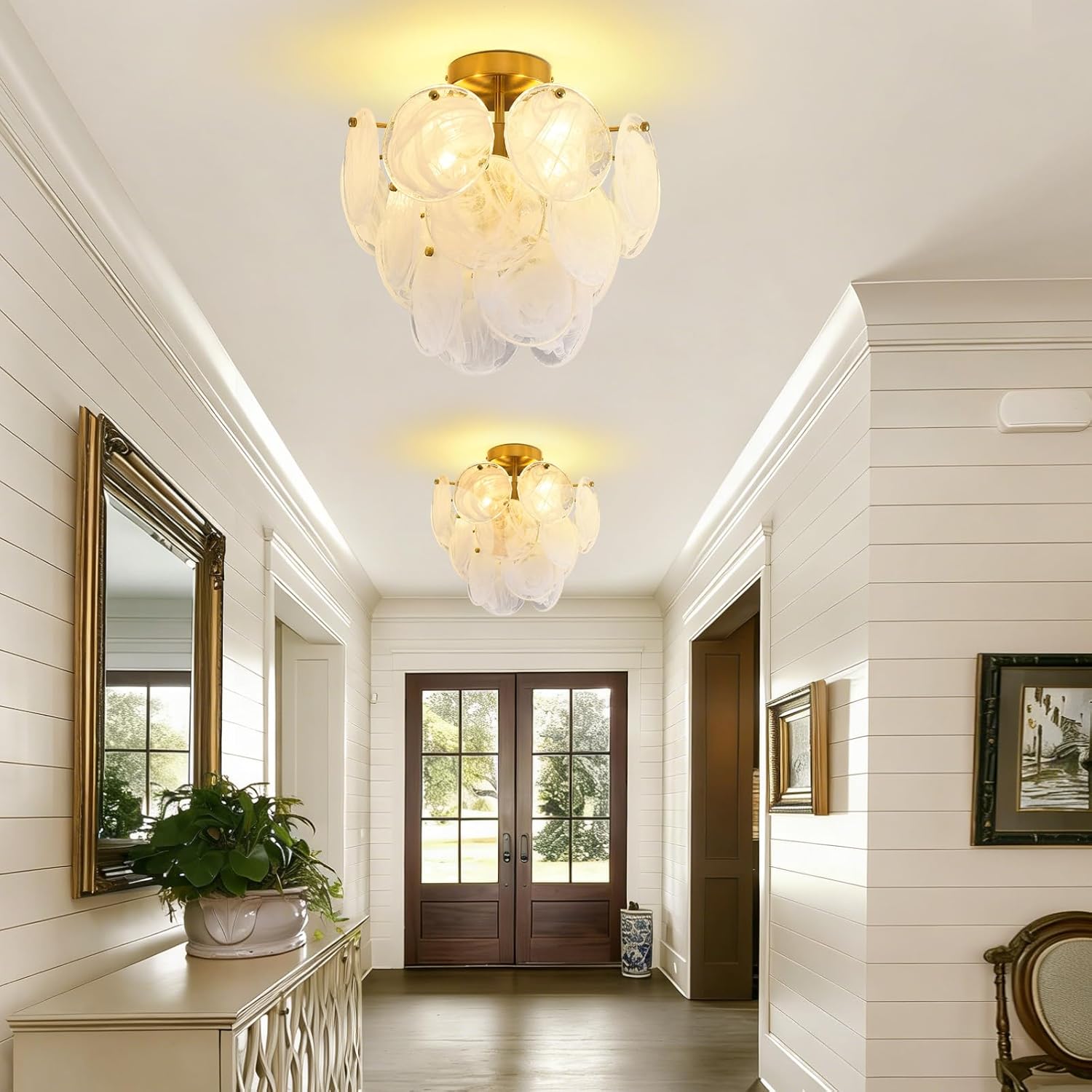 4-Lights Gold Glass Ceiling Light Fixture, Modern Semi Flush Mount Round Gold Ceiling Light with Cloud Glass Shade, Hallway Lighting for Bedroom, Living Room, Dining Room and Foyer (G9 Base)