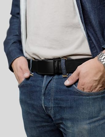 JUKMO Mens Leather Ratchet Belt with Slide Buckle in Gift Box | Genuine Leather Belt with Micro-Adjust Buckle, No Holes, Trim to Fit