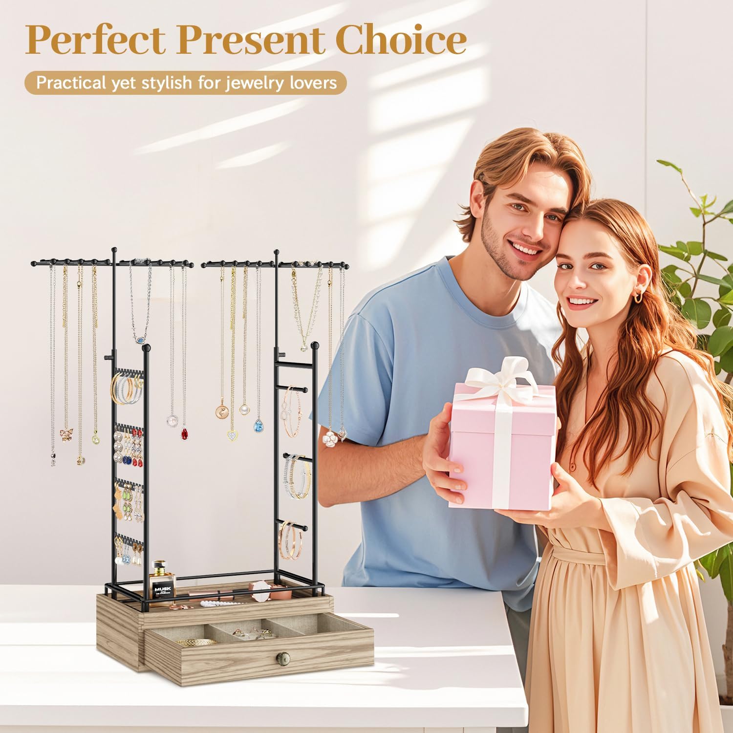 MODOWEY Metal Jewelry Holder Organizer Stand for Earring Bracelet Ring, Necklace Display Tree with Wood Drawer, Extra Large Storage Rack for Women Men, Tall Hanger Tower for Dresser Space-Saving, Oak