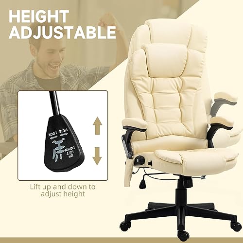 Miniatura 5 de HOMCOM, silla de oficina ejecutiva, ergonómica, piel sintética, con calor, masaje vibratorio., Cuero, Crema
