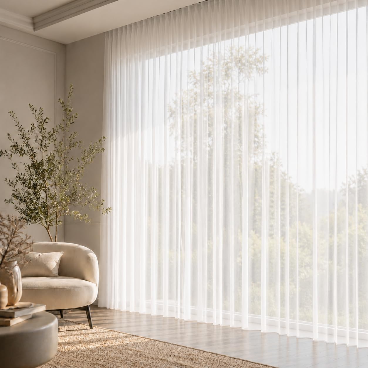 Generisch Weiße Voile-Gardine mit Kräuselband und Bleibandabschluss, Halbtransparenter Fertigstore, Lichtdurchlässiger Tüllvorhang für Wohnzimmer, Schlafzimmer und Küche (HxB 245x300 cm)
