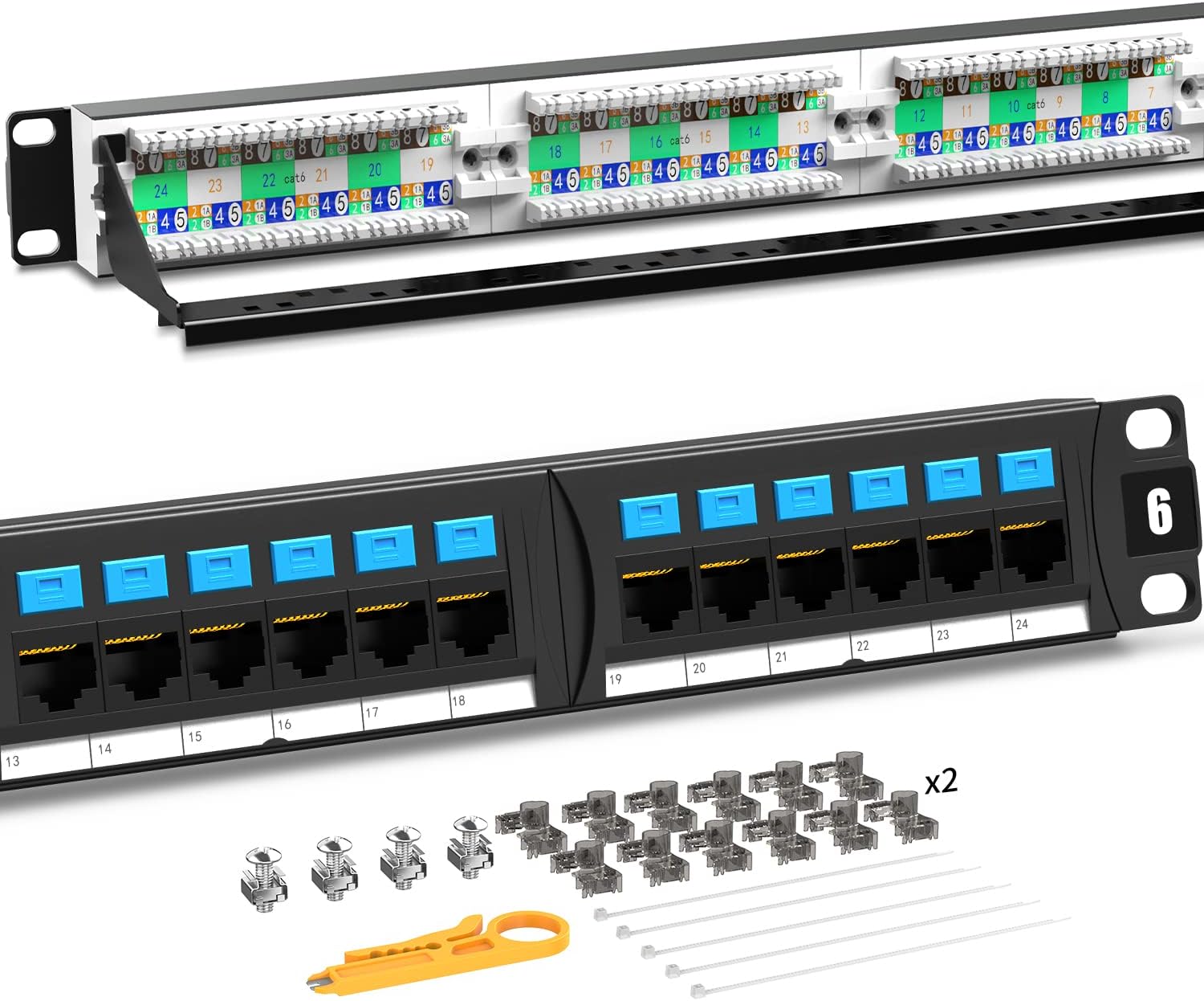 AMPCOM CAT6 24 Ports Patch Panel, Rack Mount - 1U, 19 inch,RJ45 Ethernet 568A 568B, Gold Plated, with Rear Cable Management Bar