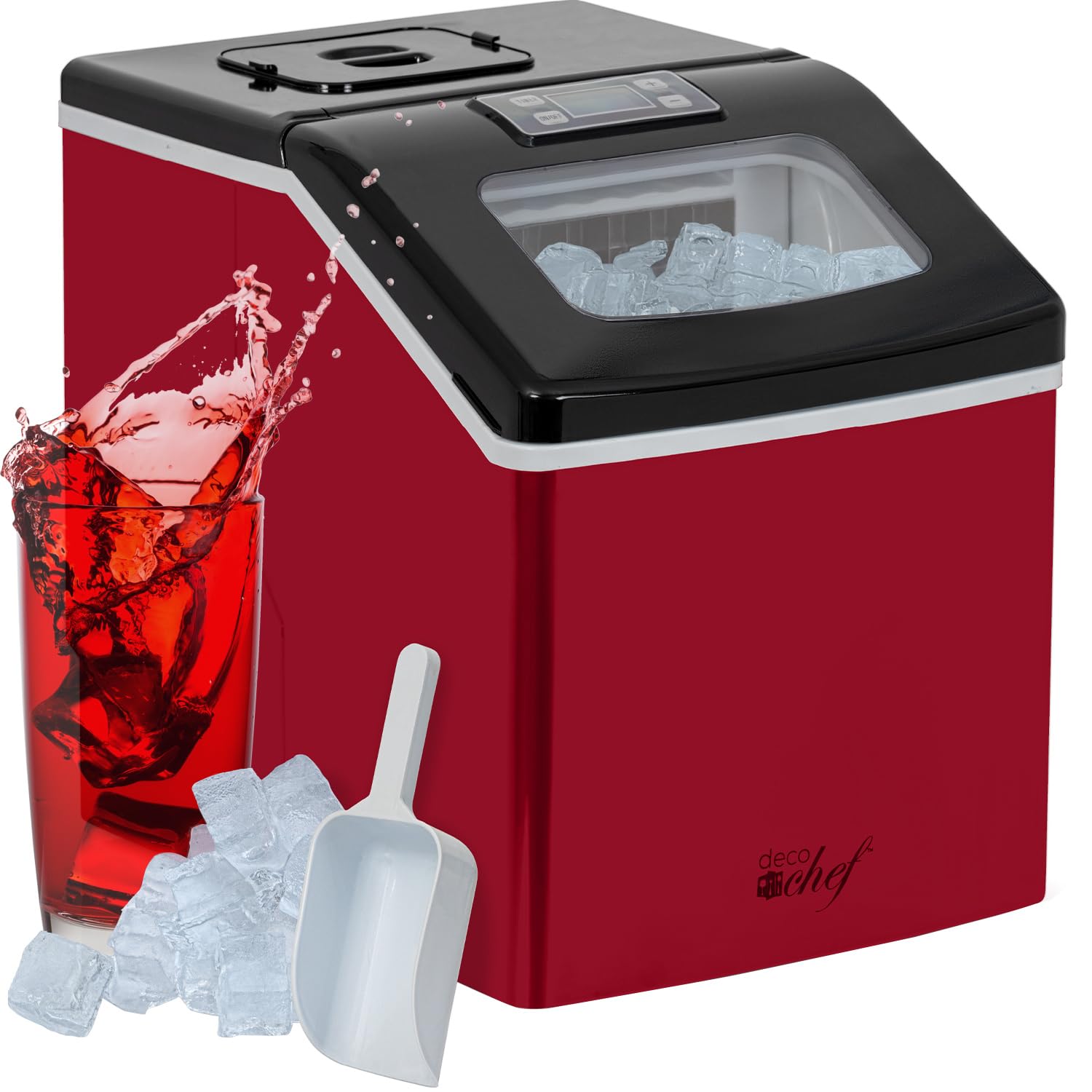 Deco Chef Countertop Ice Maker 40LB/24H, 24 Full Cubes Every 15 Minutes, Adjustable Size, Digital Control and Timer, Self-Cleaning, EZ Access Flip Lid, Scoop Included, Red
