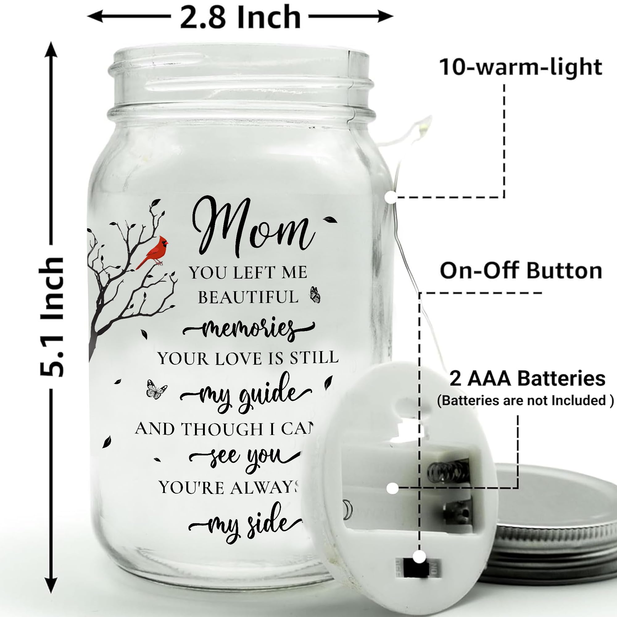 2IMT Memorial Gifts for Loss of Mom, Bereavement Gifts for Loss of Mother, Red Cardinal in Remembrance of Mom, Memory Gift Mother Passing in Loving Memory Sympathy Quotes Condolences Mason Jar Light