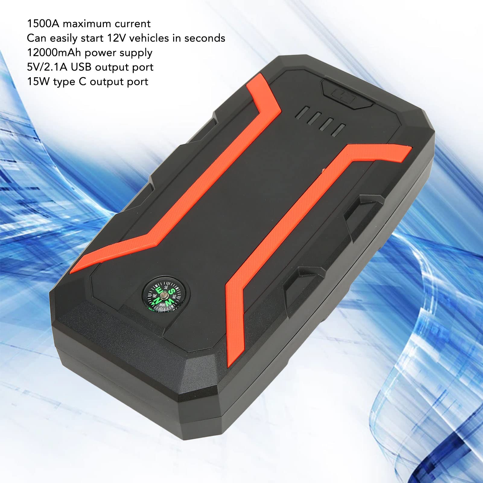 Focket Avviatore di Emergenza per Auto, 1500A Picco 12000mAh 12V Batteria Booster Pack con Cavi di Ponticello, Caricabatterie Portatile Power Bank per Motori a Gas Fino a 7L / 5.5L