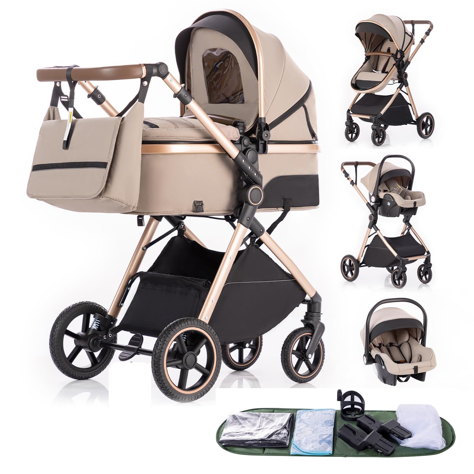 Gcarebb Sistema de viaje 3 en 1, cochecito de viaje con mango de altura ajustable, cochecito con cubierta de lluvia, cochecito de bebé con marco de aluminio para recién nacido