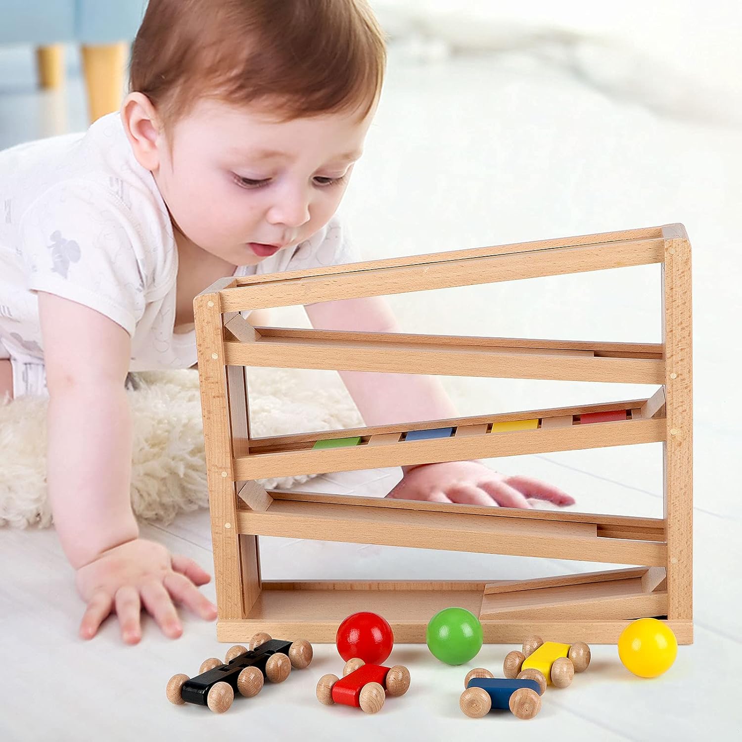 Qilay Wooden Race Track Car Ramp Racer Toy for Toddlers, 5 Level Race Car Ramp Toy Set Includes 4 Wood Cars and 3 Balls,Great Building Learning Toys or 3+ Years Old Boy and Girl - Image 6