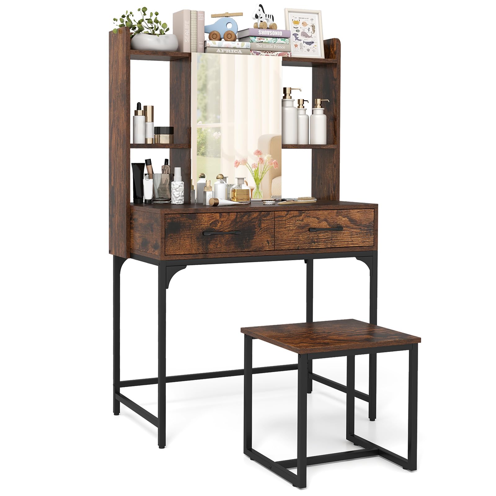 COSTWAY Dressing Table with Mirror and Stool, Makeup Table Vanity Desk with Charging Station, Drawers, Open Shelves & Hidden Storage, Metal Frame Wooden Bedroom Cosmetics Dresser (Rustic Brown+Black)