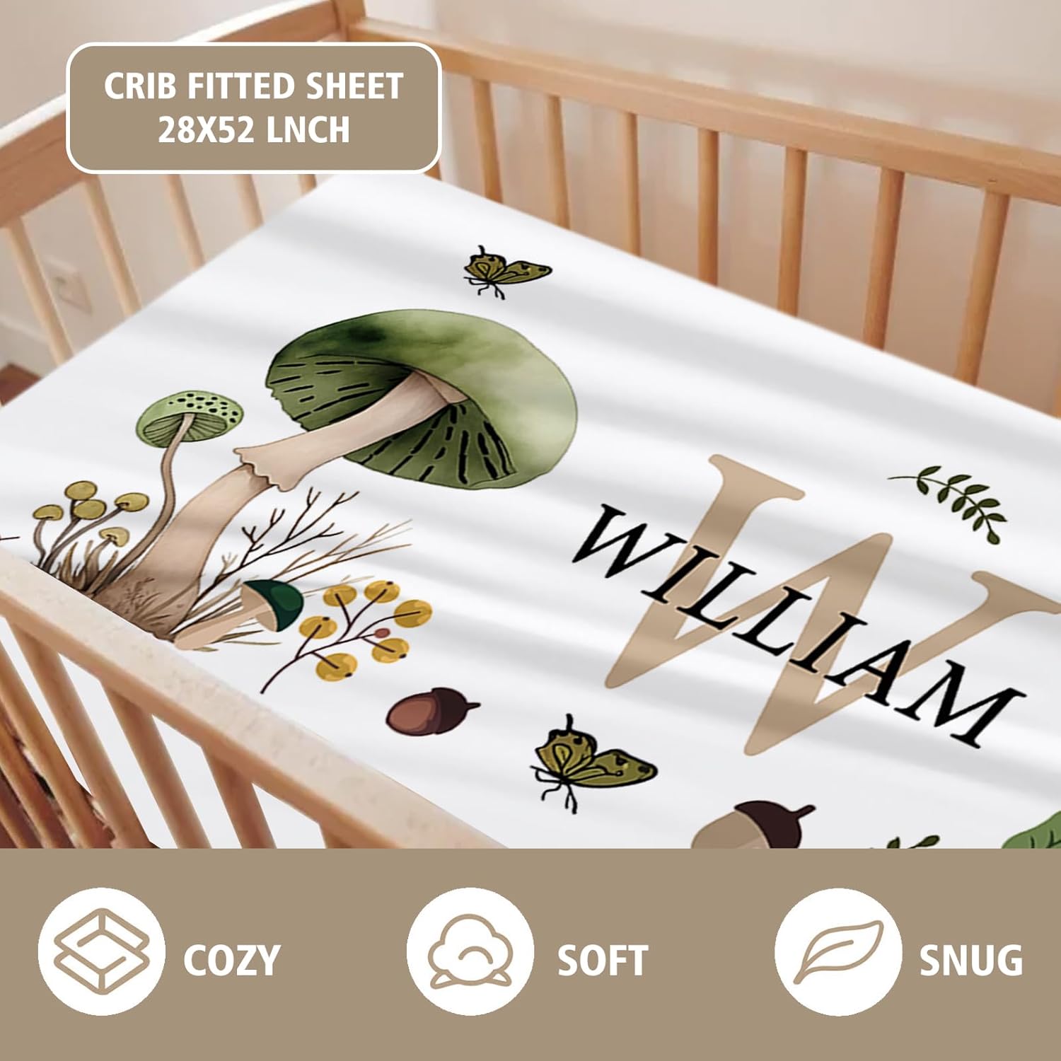 Custom Name Crib Bedding Set 3-Piece – Mushroom Design Baby Bedding Set with Personalized Soft Blanket, Fitted Sheet, Changing Pad Cover – Ideal Newborn Gift for Boys and Girls