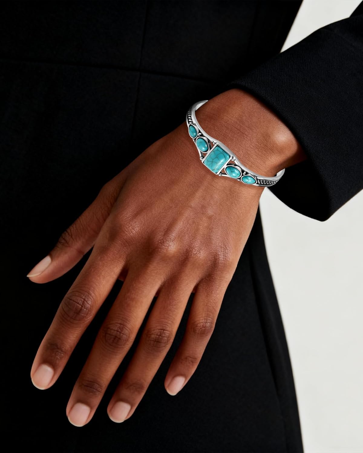 Boho Turquoise Silver Cuff Bracelet for Women, Vintage Jewelry Bangle with Carved Details, Adjustable Silver Bangles for Women, Sterling Silver Plated Bangles Style - Image 5