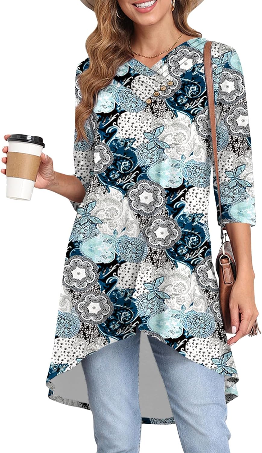 Naggoo Womens Long Shirts for Leggings 3/4 Sleeve Tunic Tops Loose Fit Dressy Casual V Neck High Low Tops Button Decor