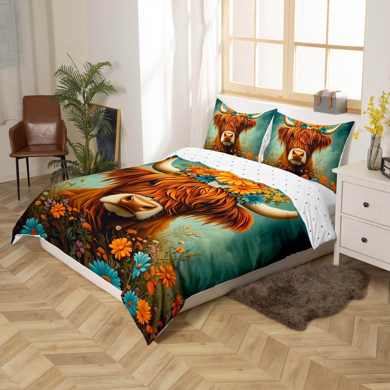 Homemissing Highland Cow Duvet Cover Set King Size For Kids Boys Girls Teens Farmhouse Animal Decor Bedding Set Highland Cattle Comforter Cover with 2 Pillowcases Daisy Floral Print Bed Sets - Image 2