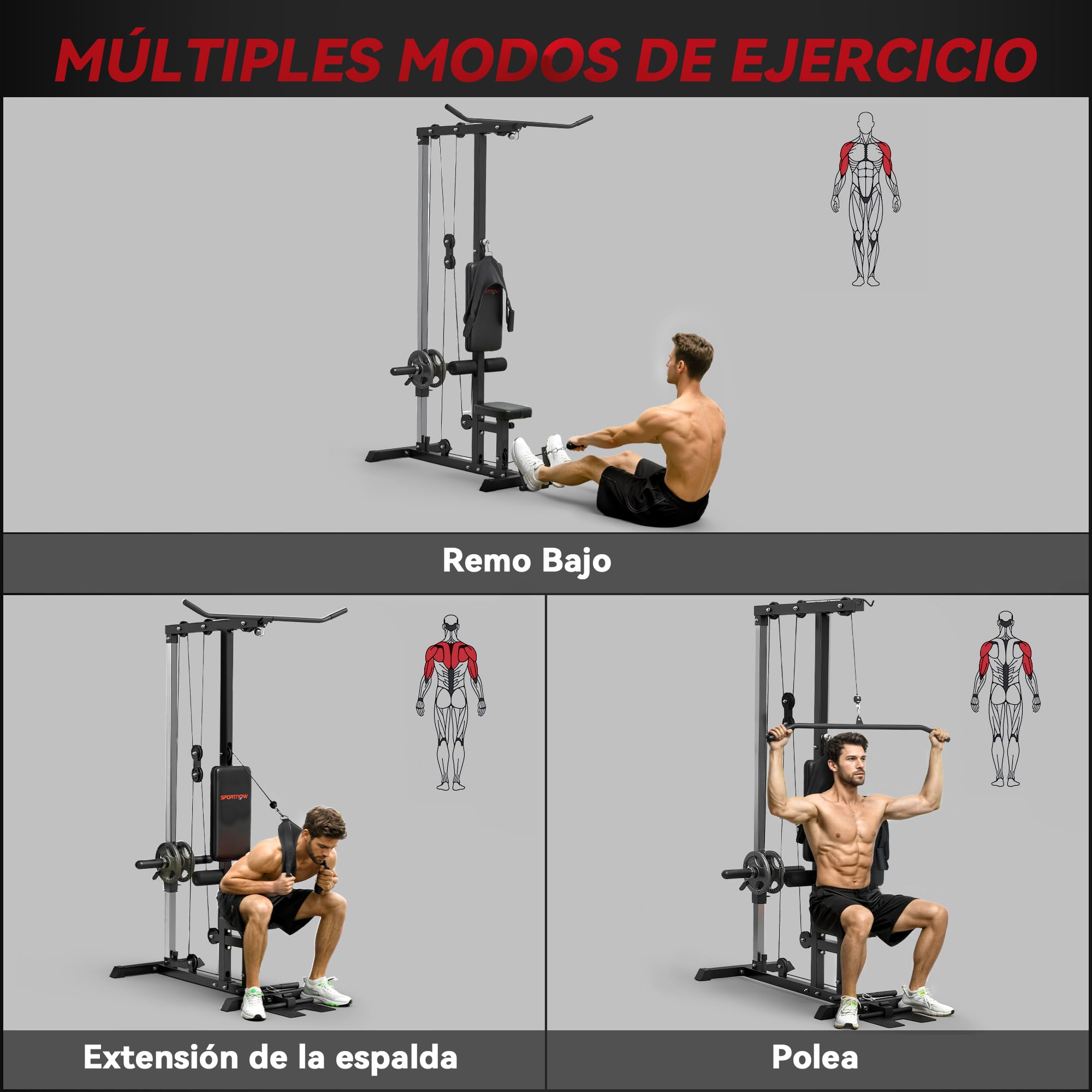 SPORTNOW Máquina Polea Alta y Baja, Máquina de Musculación con Pedales Giratorios y Asiento Ajustable, Multifunción Lat Pulldown para Fitness Entrenamiento en Gimnasio, Hogar, Oficina, Negro