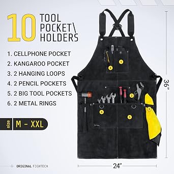 FIGHTECH Leather Welding Apron 11 Tool Pockets Heavy Duty - Wood Working Shop Apron Men Blacksmith Carpenter Adjustable M-XXL