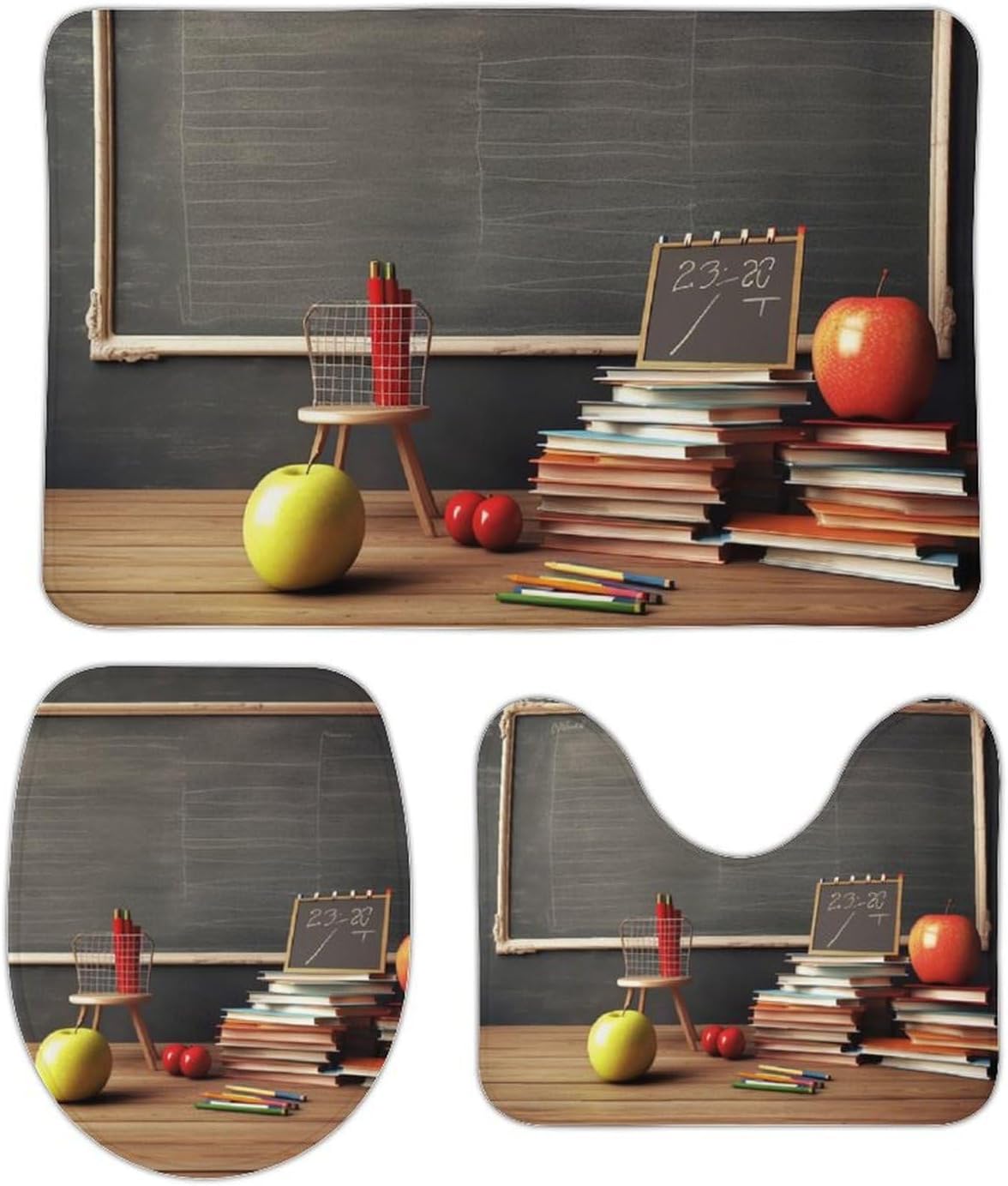 Anti-Skid Floor Mats 3 Piece Set,Teacher Classroom Chalkboard Printed Coral Fleece Bathroom Mats U-Shaped Contour Mat Toilet Seat Cover for Bathroom, Tub, Shower, Kitchen 19.7"x31.5"