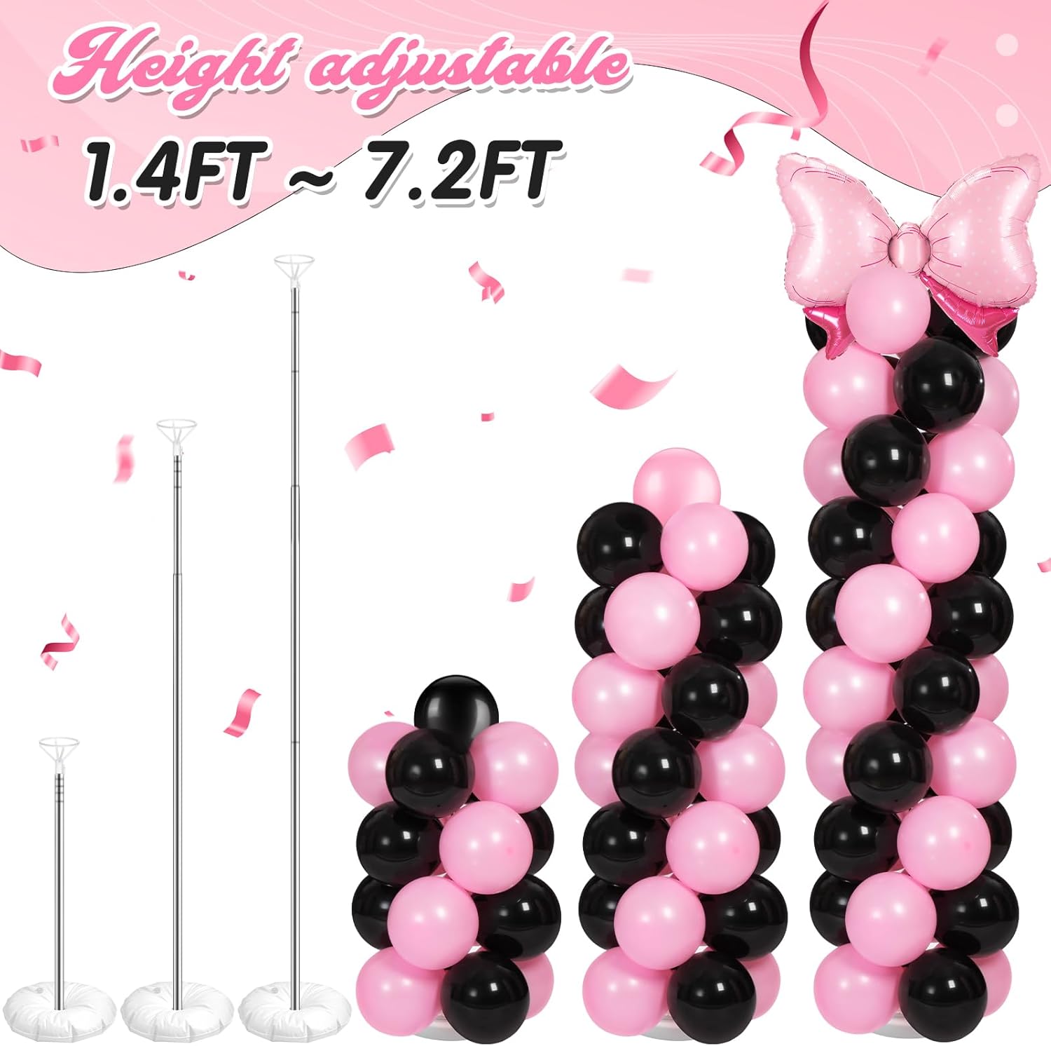 Leitee 2 Sets Adjustable Black Pink Bow Balloon Column Stand Kit Include 143 Pcs Black and Pink Adjustable Balloon Stands Kit for Bow Coquette Themed Party Graduation Birthday Wedding Floor Decoration