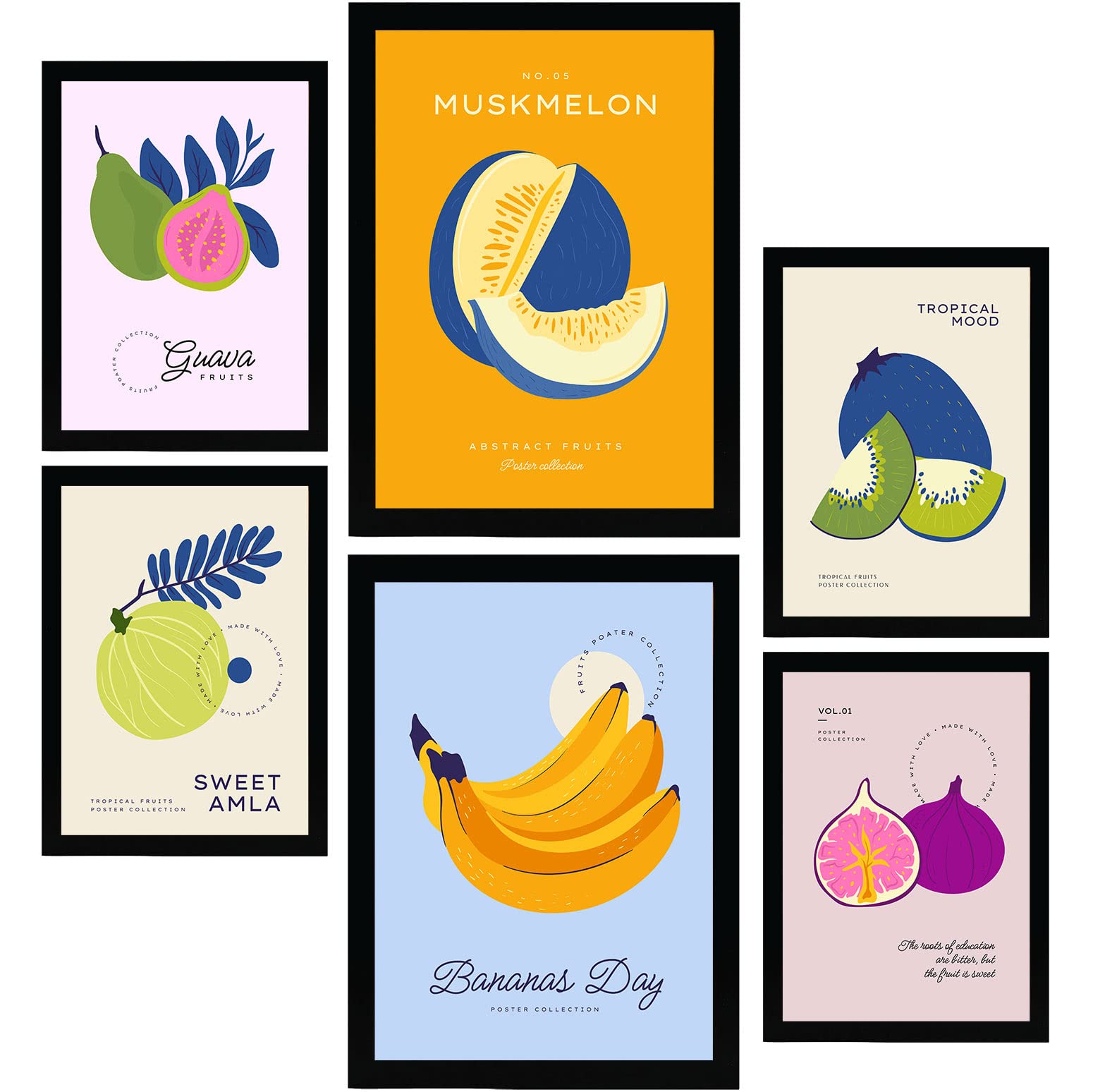 Nacnic Set de 6 Posters de Comida y Alimentación. Frutas tropicales. Láminas de Naturaleza y Nutrición para el Diseño y Decoración de Interiores. Tamaños A3 & A4, sin marcos.