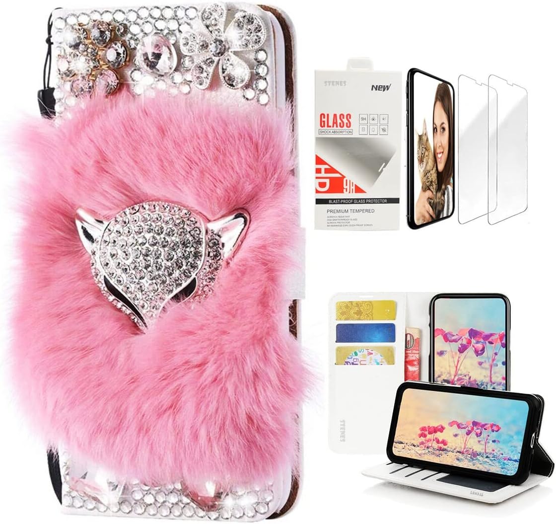 STENES Bling Wallet Case Compatible with Samsung Galaxy S7 - Stylish - 3D Handmade Luxury Fox Design Leather Case with Wrist Strap & Screen Protector [2 Pack] - Purple