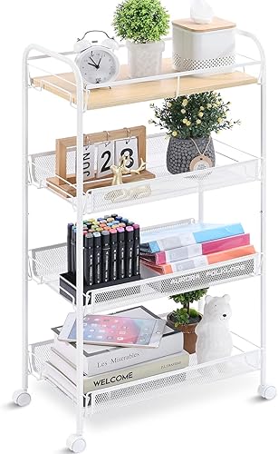 KINGRACK Carrito con ruedas de 4 niveles, carrito utilitario de metal con mesa de madera, carrito de almacenamiento móvil fácil de montar sobre