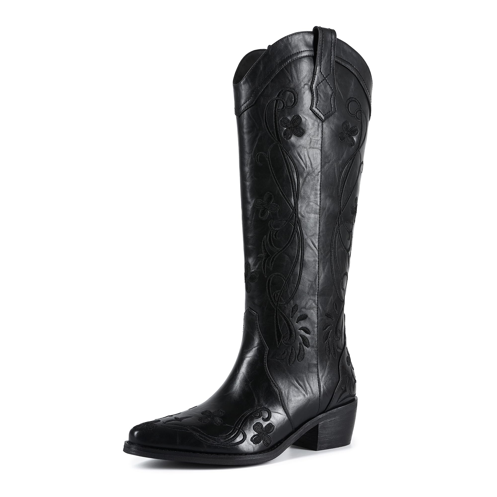 Wide Calf Cowboy Boots for Women Vintage Knee High Cowgirl Boots with Floral Embroidered Women Pointed Toe Low