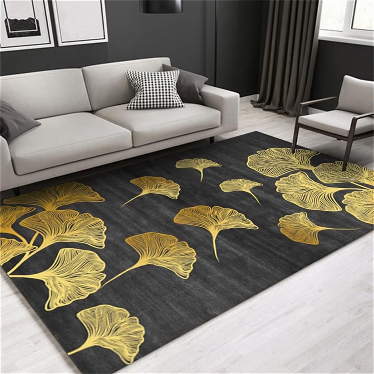 Tapis de cuisine 120x140cm noir au design de feuille jaune moderne pour salon et bureau