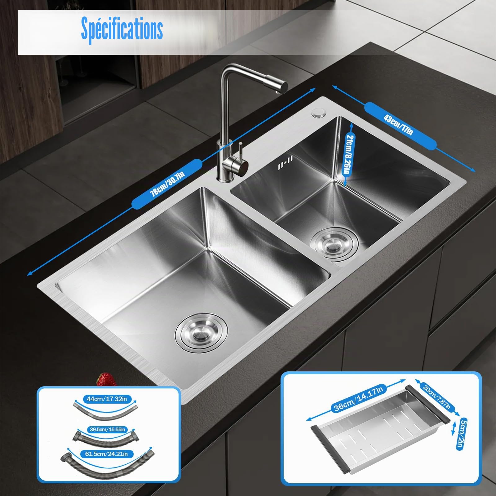 Évier double en acier inoxydable, 78 x 43 x 21 cm, avec égouttoir et isolation acoustique (2 bacs 35 x 35 cm, 30 x 30 cm), avec évacuation et évacuation en X pour cuisine/commerciale