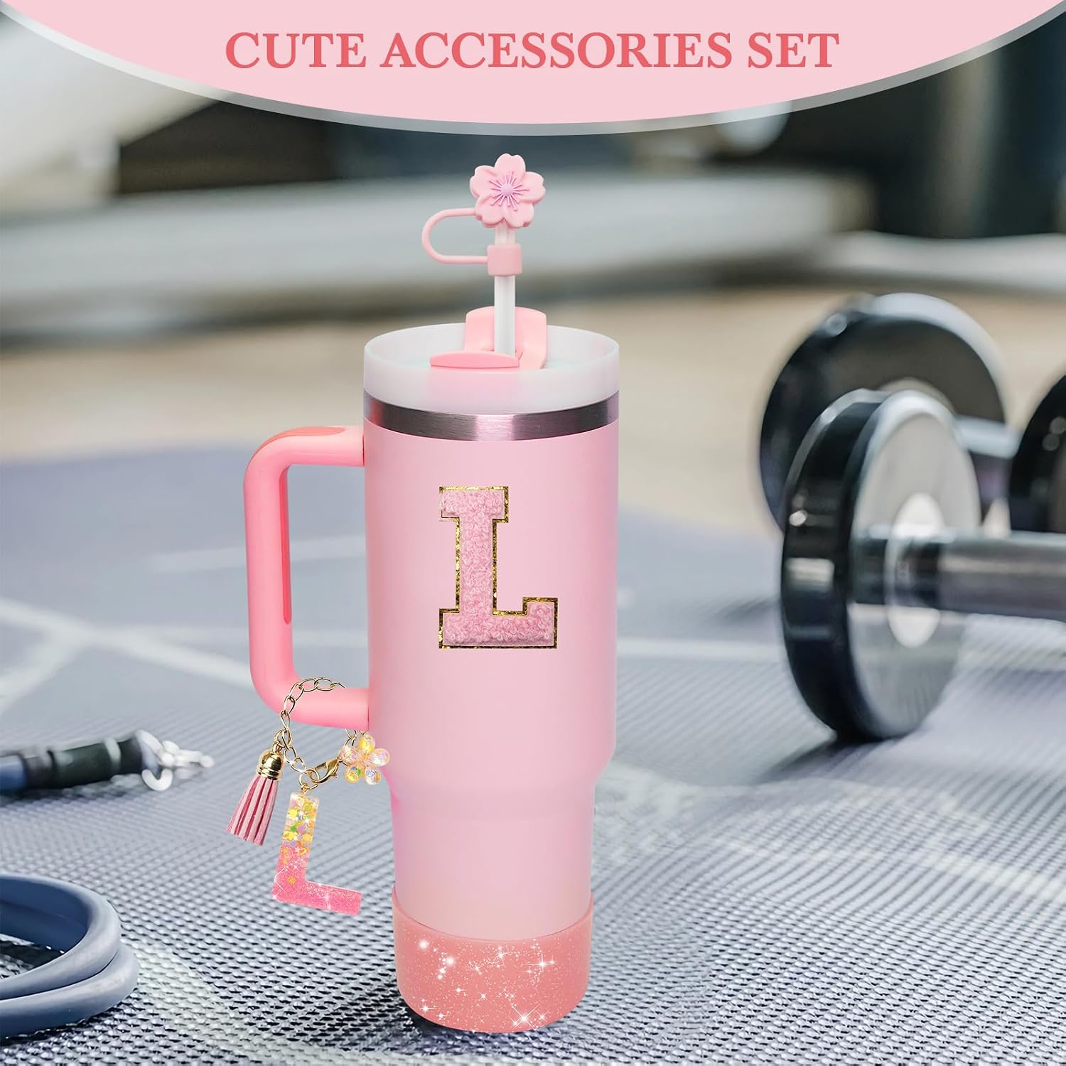 Pink Accessories for Stanley Cup 30OZ 40OZ, All Accessories Gift Box Contain Flower Straw Topper, Sillicone Boot, Letter Stickers and Pendants,Spill Stopper Set (Pink L) image 4