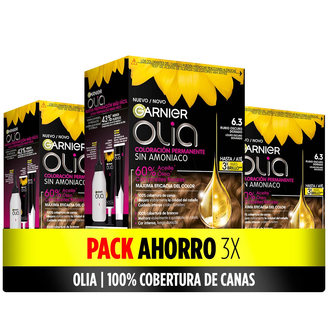 Garnier Olia - Pack de 3 coloración permanente sin amoniaco para un olor agradable con aceites florales de origen natural, color tono 6.3 rubio oscuro