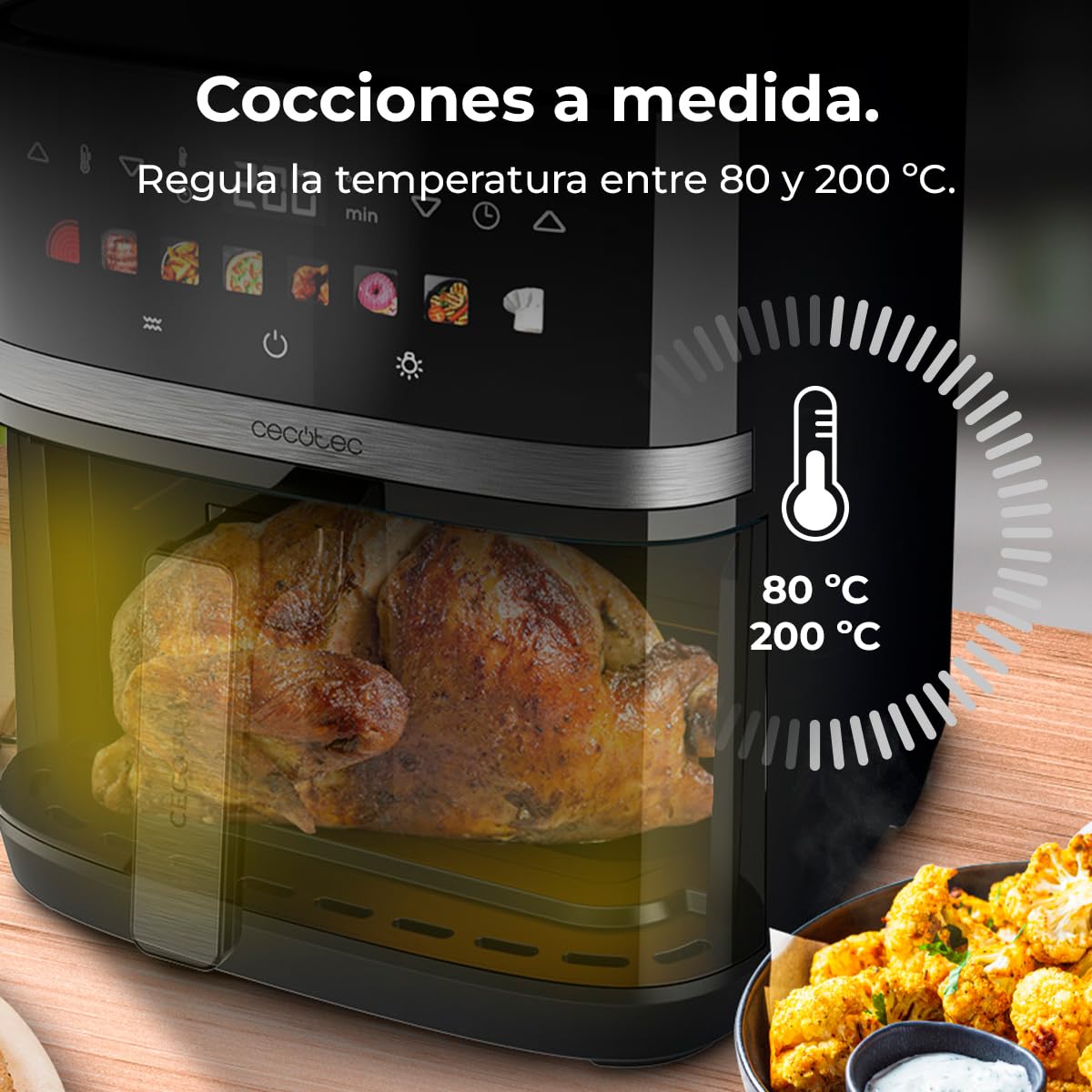 Cecotec Freidora de Aire sin Aceite de 8L con Doble Resistencia, Plancha, Grill, Air Fryer Cecofry&Grill Duoheat 8000. 2200W, Dietética y Digital, Ventana, Temperatura Regulable 80-200°C, 8 Menús
