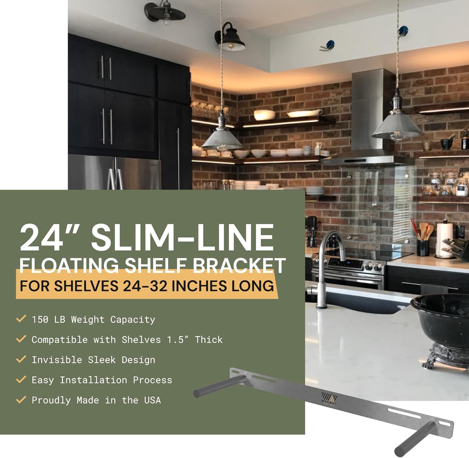 Slimline 24” Floating Shelf Bracket, 150 LB Weight Capacity, Supports 1.5" Thick Wall Mounted Floating Shelves - Hidden Shelf Brackets and Steel Support Rods Walnut Wood Works