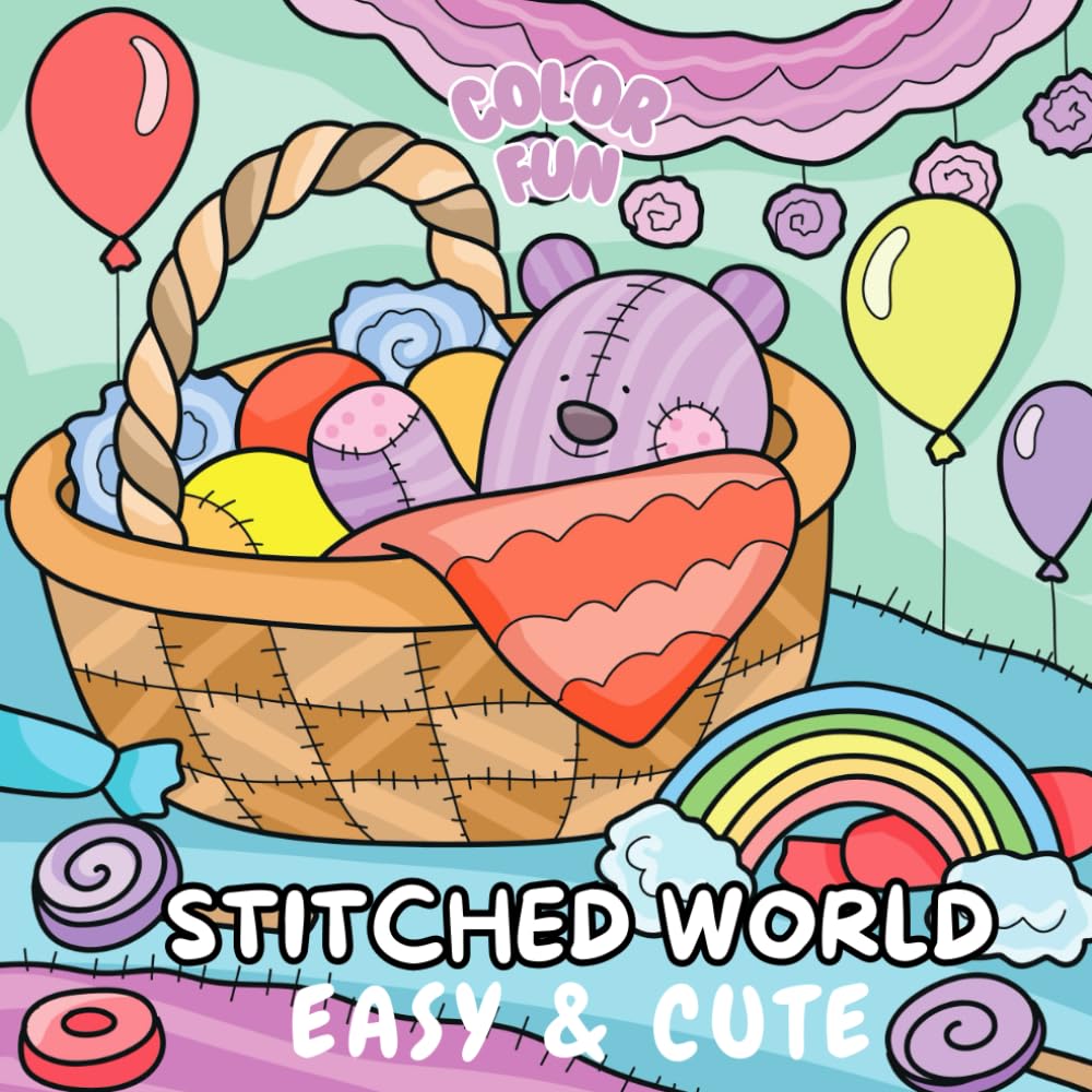 Stitched World kleurboek voor volwassenen en kinderen: Ontspan met schattige patchwork-achtergronden, zachte speelgoedscènes en rustgevende stikselkunst