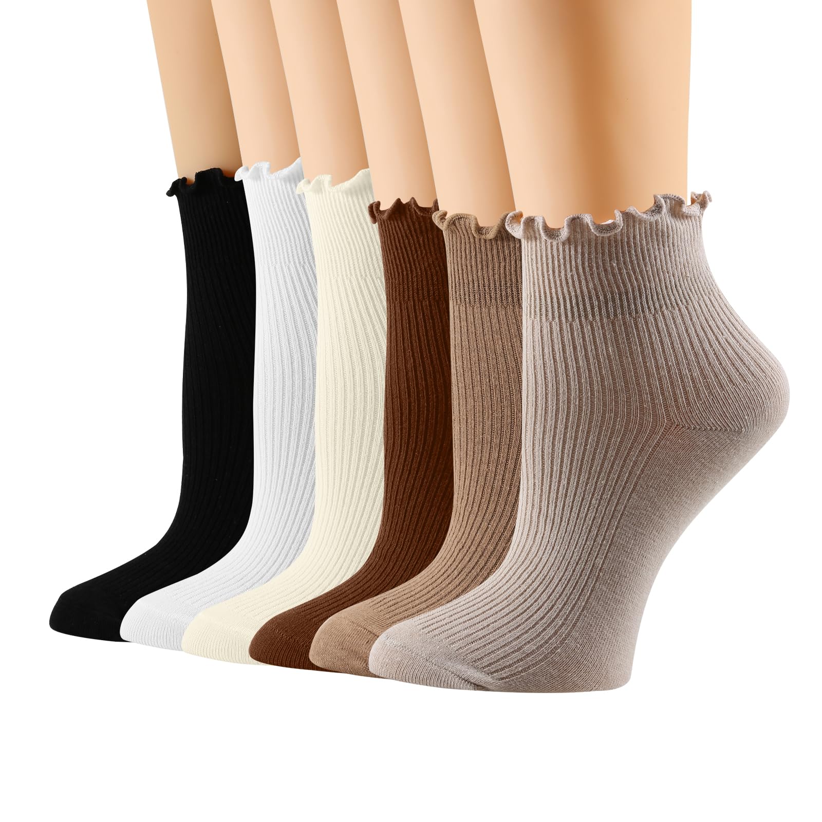 Yawlsow Women's Ruffle Socks, 6Pairs Cute Frilly Ankle Turn-Cuff Casual Socks, Frilly Edged, Knit Cotton Lettuce Crew sock